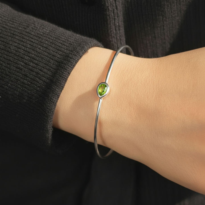 Minimalist Sterling Silver Peridot August Birthstone Bangle Bracelet