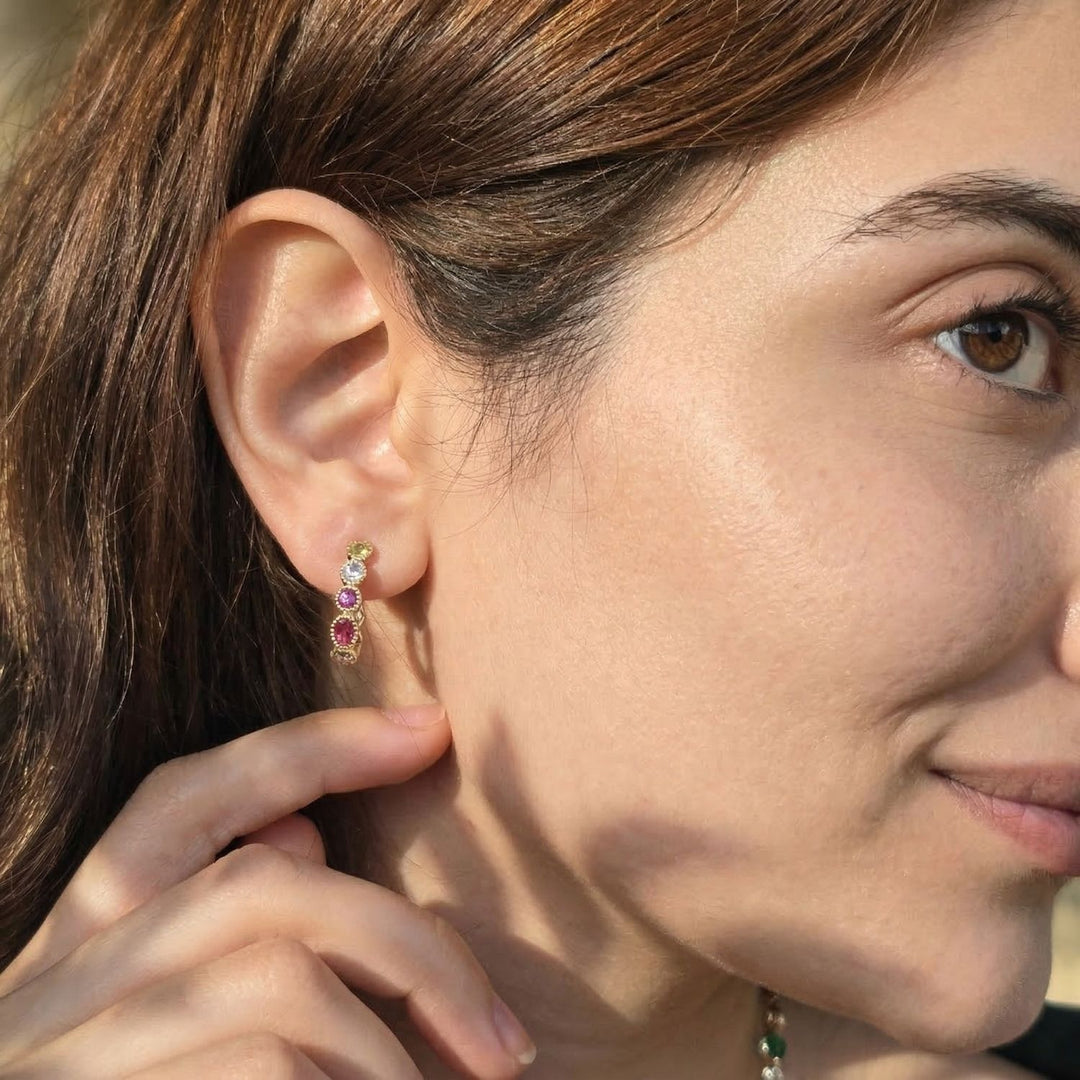 Multicolour Gemstone Gold Plated Hoop Earrings