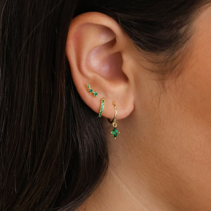 Tiny Emerald May Birthstone Climber Stud Earrings
