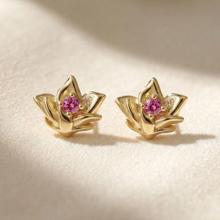 Ruby July Birthstone Larkspur Birthflower Gold Plated Stud Earrings