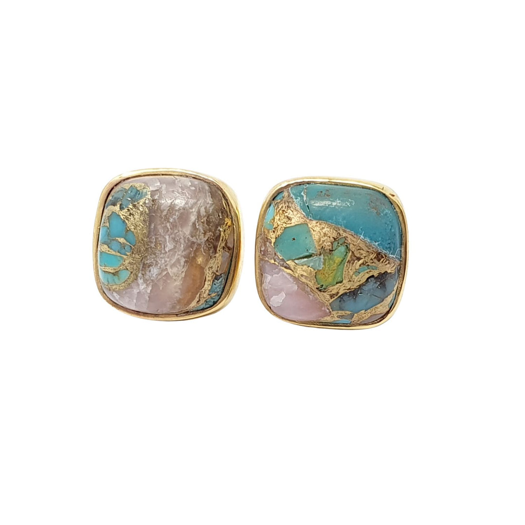 Gold Plated  Opal And Turquoise Gold Plated Gemstone Stud Earrings
