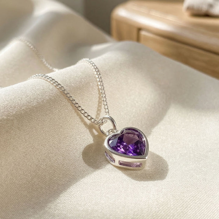 Mini Heart Silver Amethyst February Birthstone Necklace