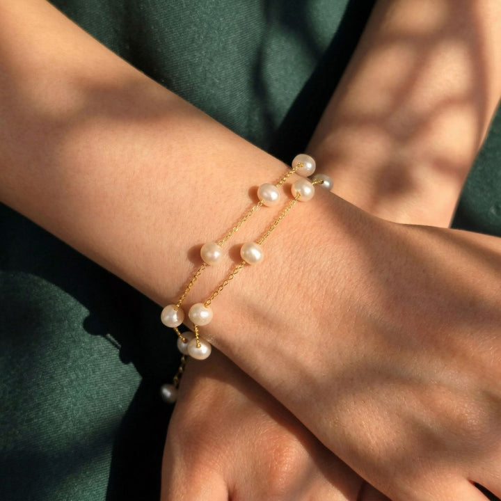 Freshwater Pearl Double Chain Wedding Bracelet Gift