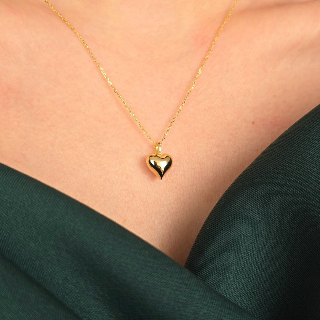 Gold Plated Puffed Heart Pendant Love Charm Necklace