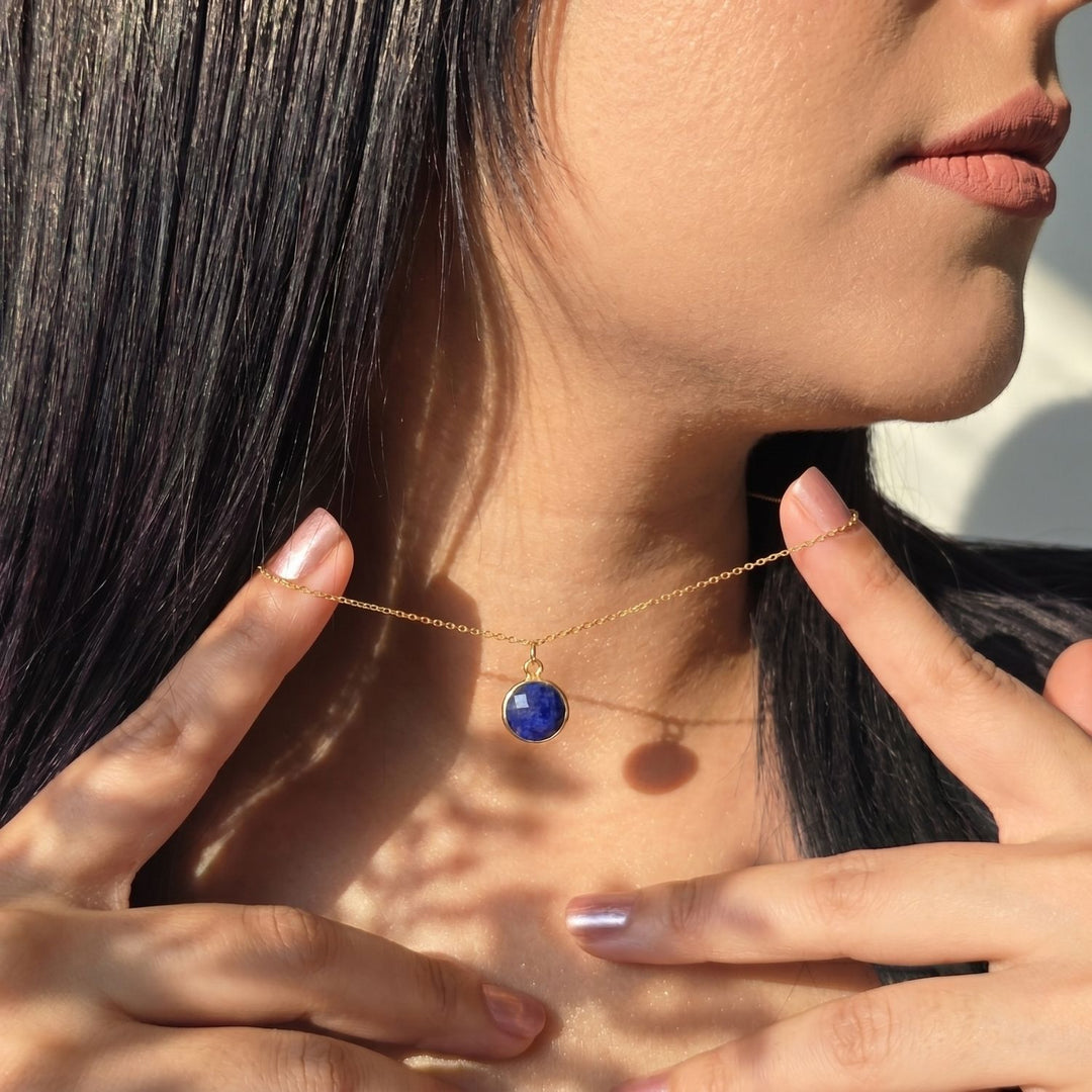 Gold Plated Round Blue Sapphire September Birthstone Charm Necklace
