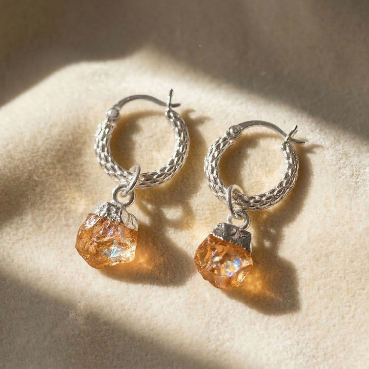 Raw Citrine November Birthstone Huggie Hoops Sterling Silver Gemstone Earrings