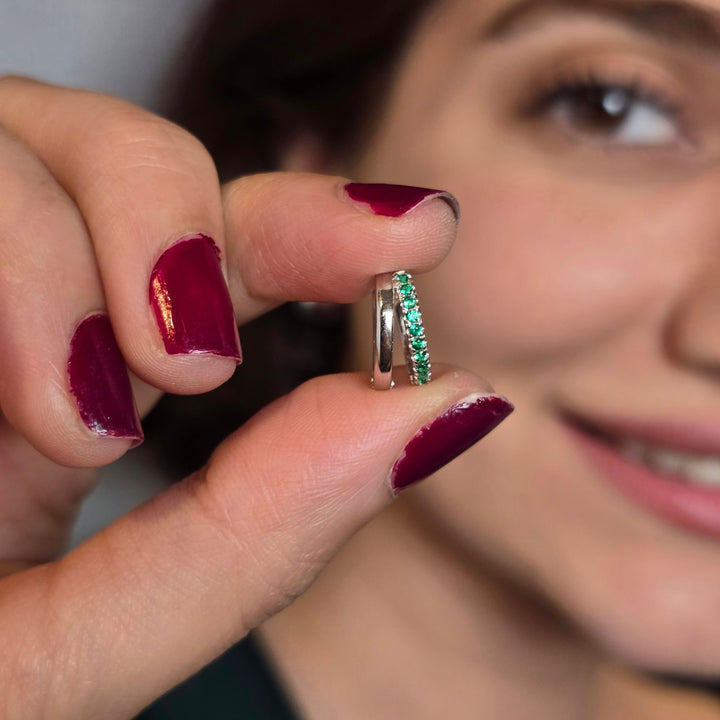 Emerald May Birthstone Double Hoop Small Huggie Sterling Silver Earrings