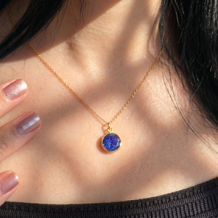 Gold Plated Round Blue Sapphire September Birthstone Charm Necklace