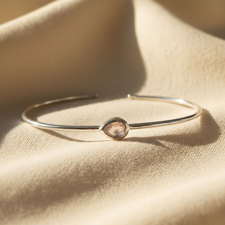 Minimalist Sterling Silver Rose Quartz October Birthstone Bangle Bracelet