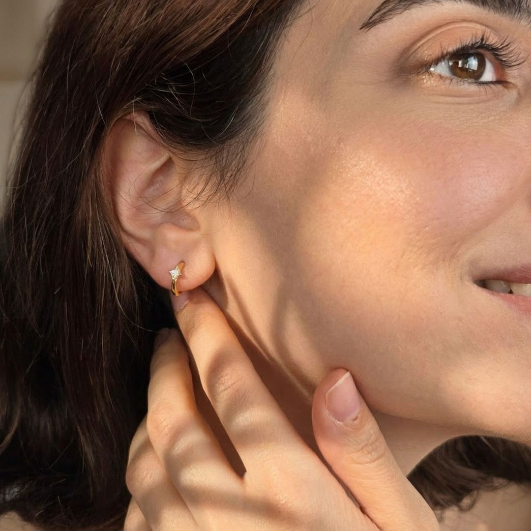 Small Diamond Huggie Minimalist Gold Plated Hoop Earrings