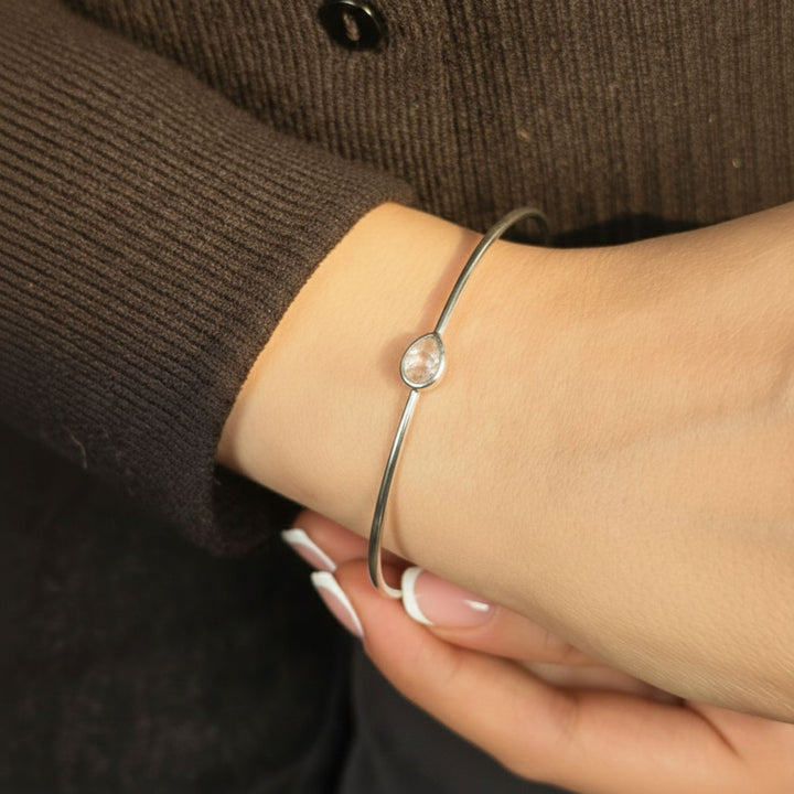 Minimalist Sterling Silver Rose Quartz October Birthstone Bangle Bracelet