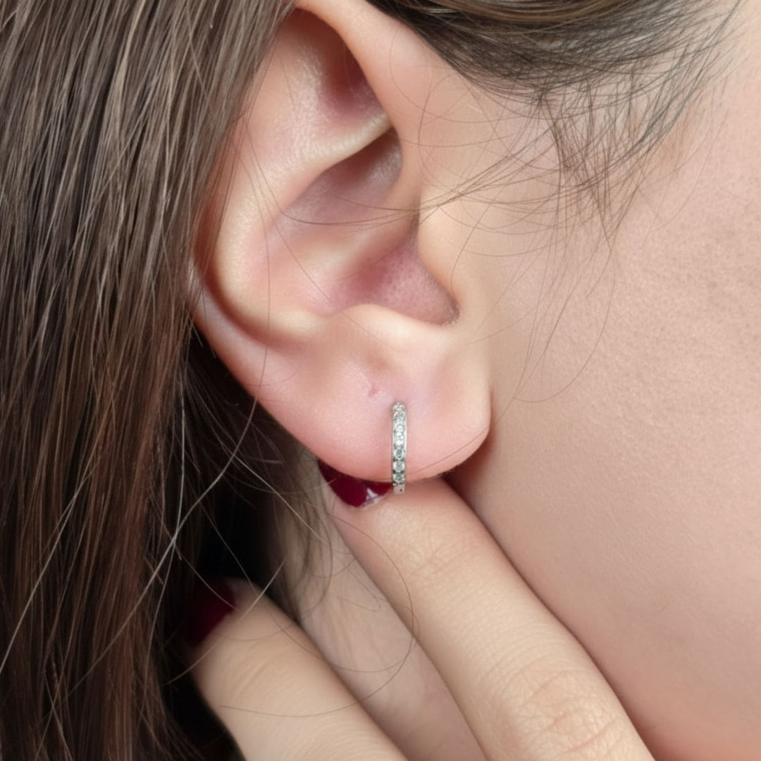 Diamond April Birthstone Small Silver Huggie Hoops