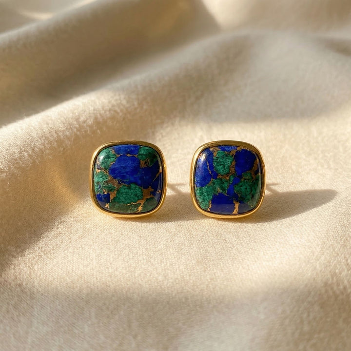 18ct Gold Vermeil Plated Azurite And Malachite Gemstone Stud Earrings