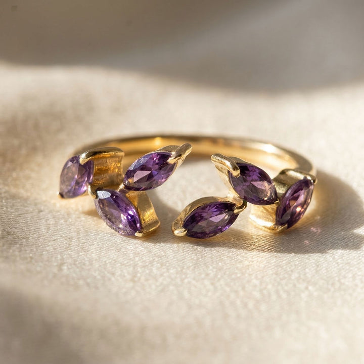 Gold Vermeil Open Leaf Ring with Amethyst Gemstones