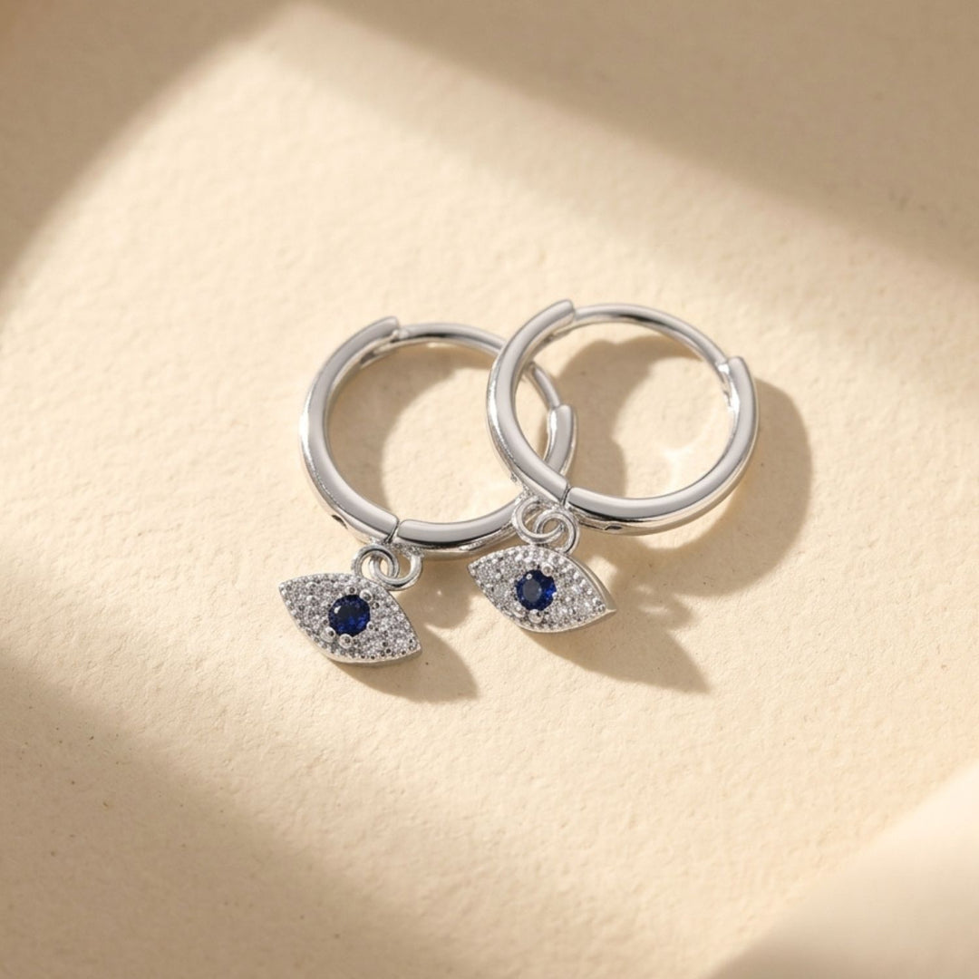 Minimalist Small Evil Eye Charm Dainty Hoop Sterling Silver Earrings