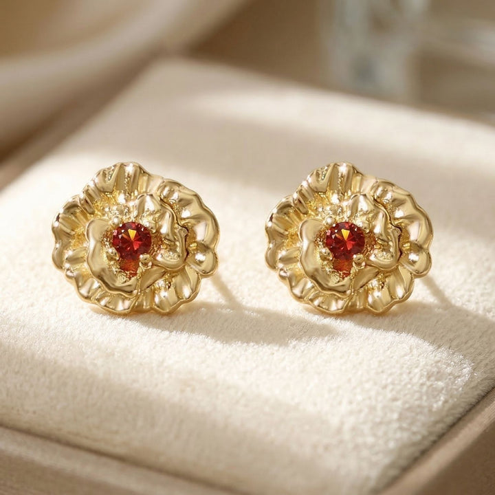 Garnet January Birthstone Carnation Birthflower Gold Plated Stud Earrings