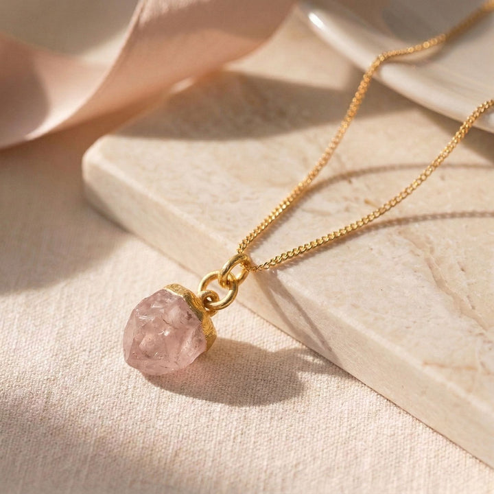 Raw Rose Quartz October Birthstone Gold Plated Necklace