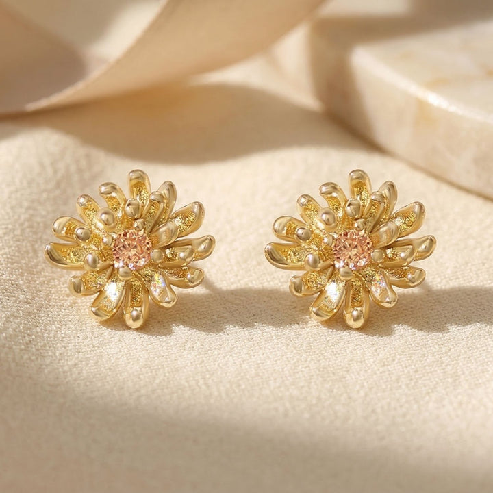 Citrine November Birthstone Chrysanthemum Birthflower Gold Plated Stud Earrings