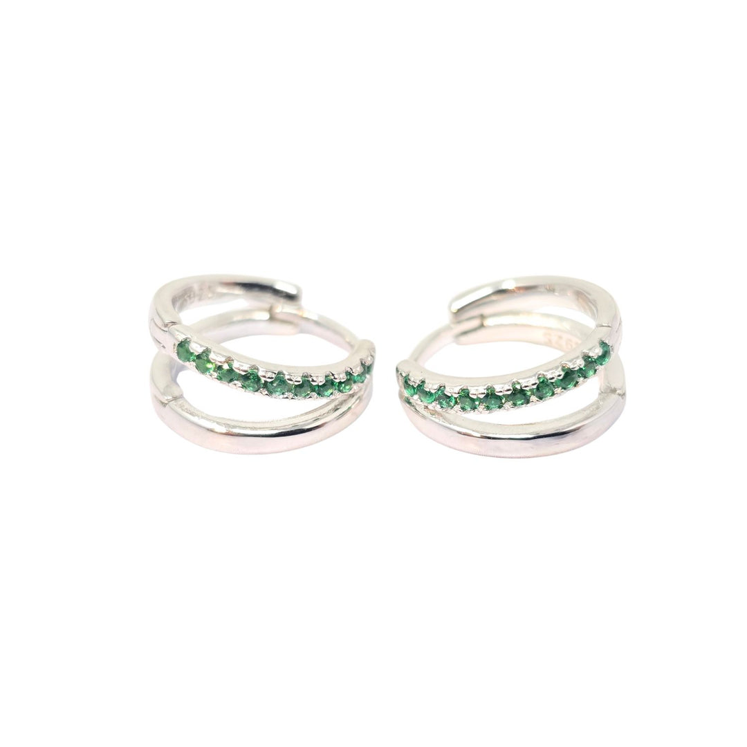 Emerald May Birthstone Double Hoop Small Huggie Sterling Silver Earrings