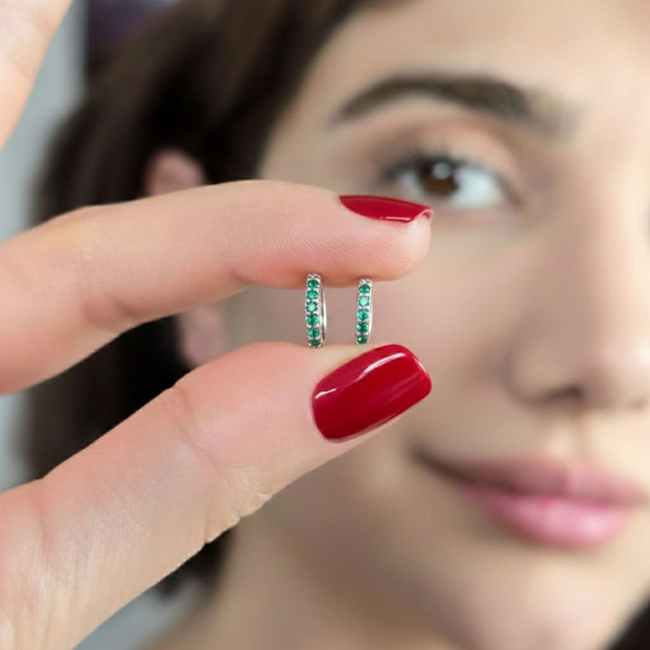 Emerald May Birthstone Small Silver Huggie Hoops