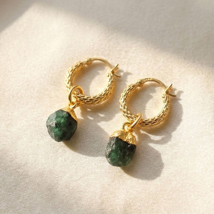 Raw Emerald May Birthstone Huggie Hoops Gold Vermeil Plated Gemstone Earrings