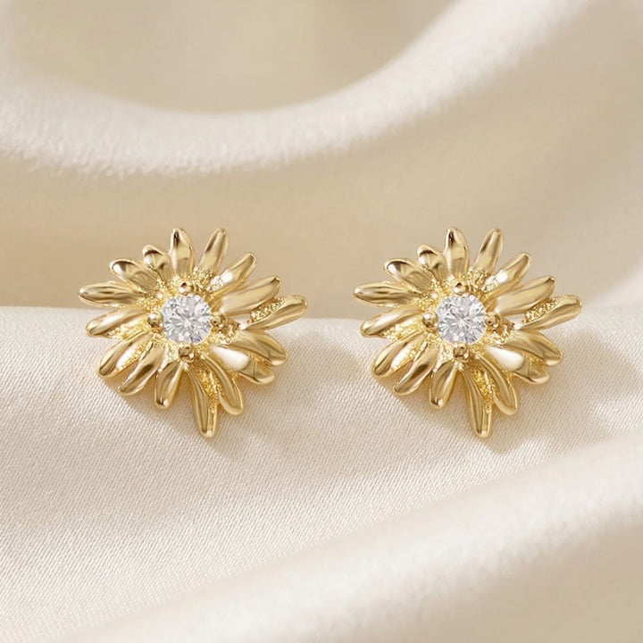 White Topaz April Birthstone Daisy Birthflower Gold Plated Stud Earrings