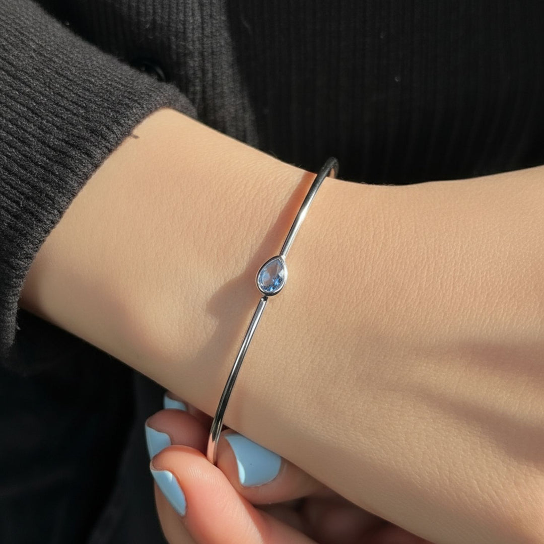 Minimalist Sterling Silver Blue Topaz December Birthstone Bangle Bracelet