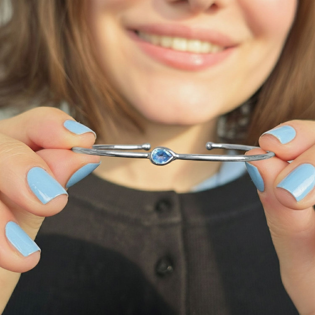 Minimalist Sterling Silver Blue Topaz December Birthstone Bangle Bracelet