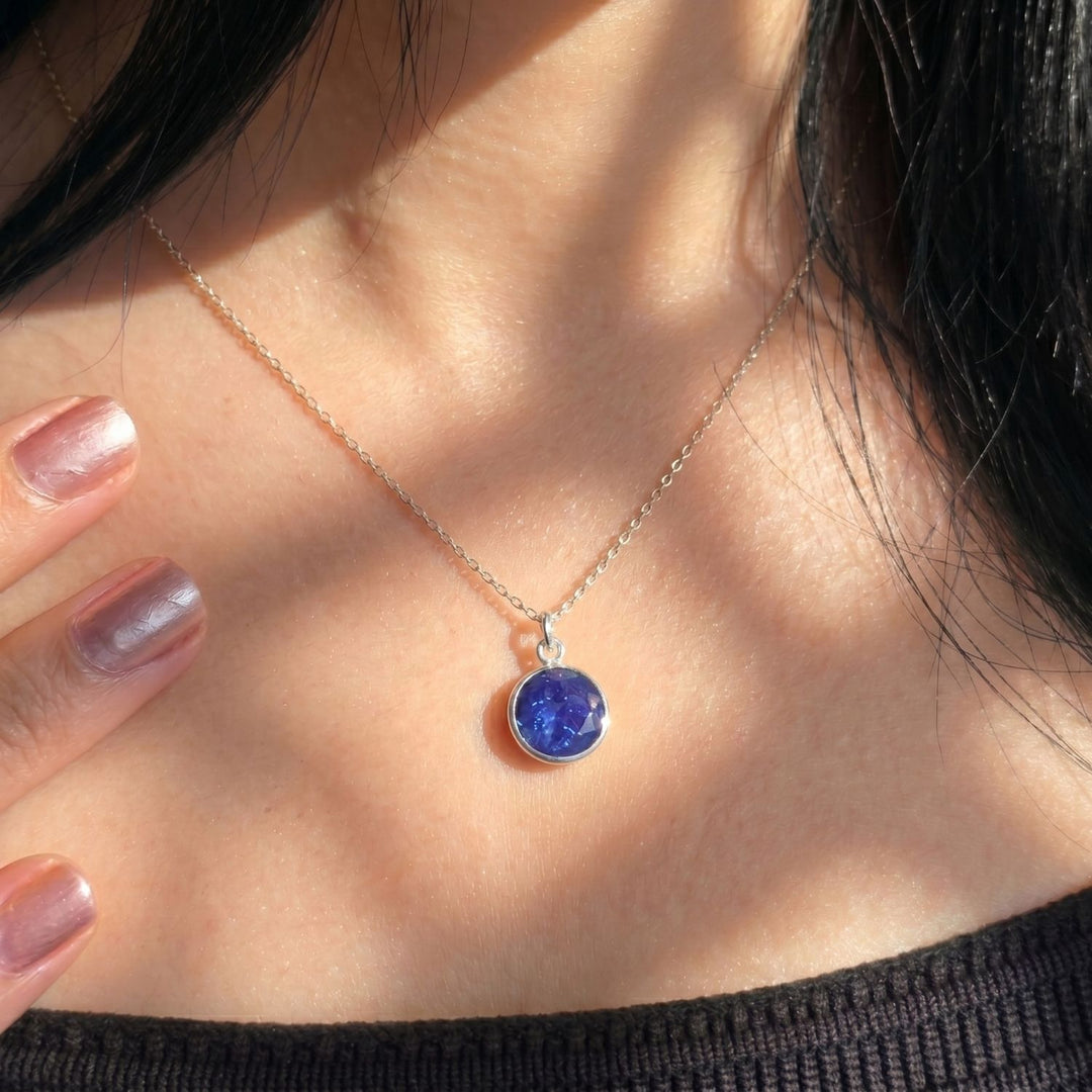 Sterling Silver Blue Sapphire Round Charm September Birthstone Necklace