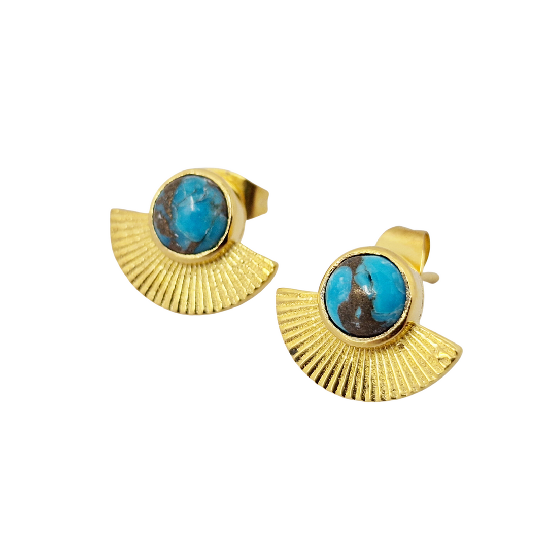 Turquoise December Birthstone Gold Plated Small Fan Earrings