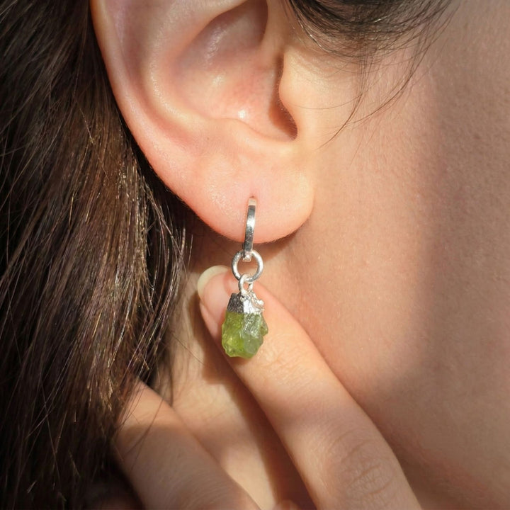 Raw Peridot Sterling Silver Round Huggies