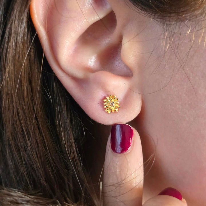 Citrine November Birthstone Chrysanthemum Birthflower Gold Plated Stud Earrings