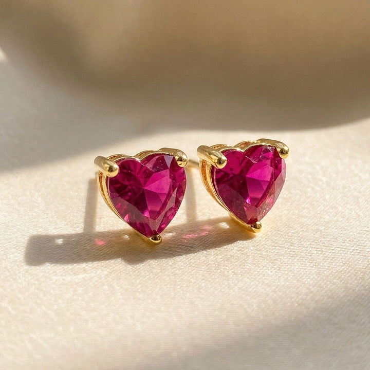 Ruby Heart July Birthstone Stud Earrings