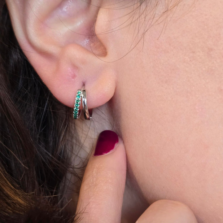 Emerald May Birthstone Double Hoop Small Huggie Sterling Silver Earrings