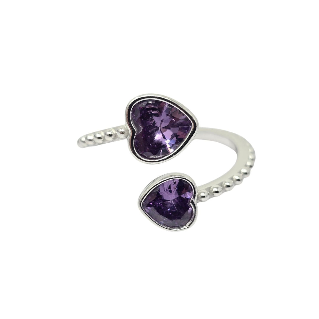 Double Heart Amethyst Heart May Birthstone Adjustable Silver Ring