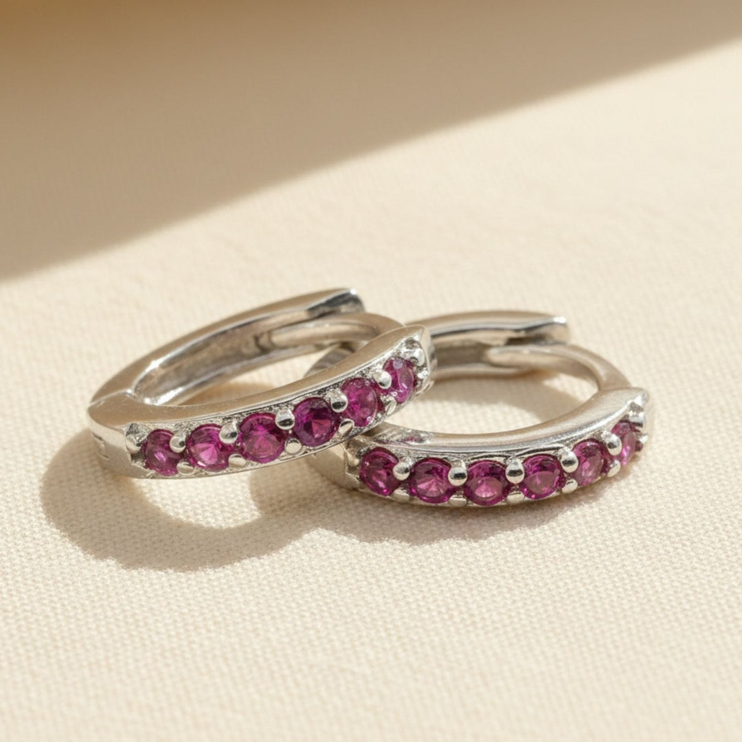 Ruby July Birthstone Small Huggie Hoop Silver Earrings