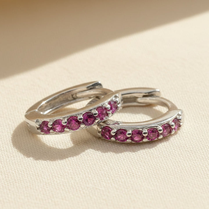 Ruby July Birthstone Small Huggie Hoop Silver Earrings