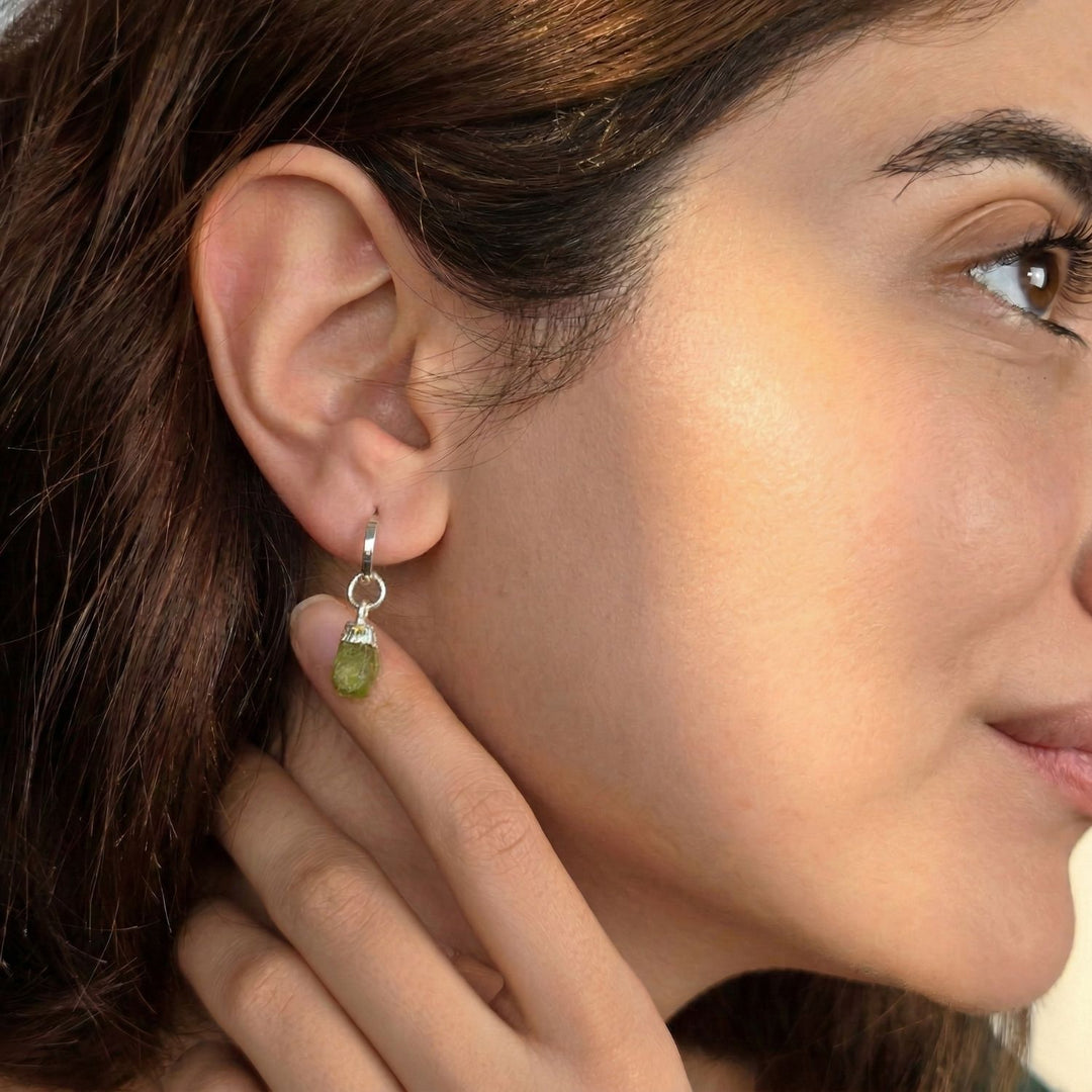 Raw Peridot Sterling Silver Round Huggies