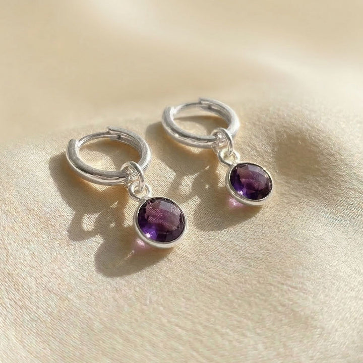 Mini Amethyst February Birthstone Silver Huggies