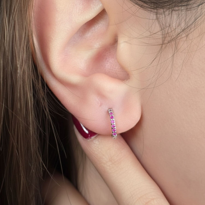 Ruby July Birthstone Small Huggie Hoop Silver Earrings