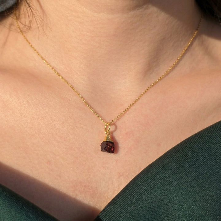 Raw Garnet Gold Plated January Birthstone Crystal Necklace