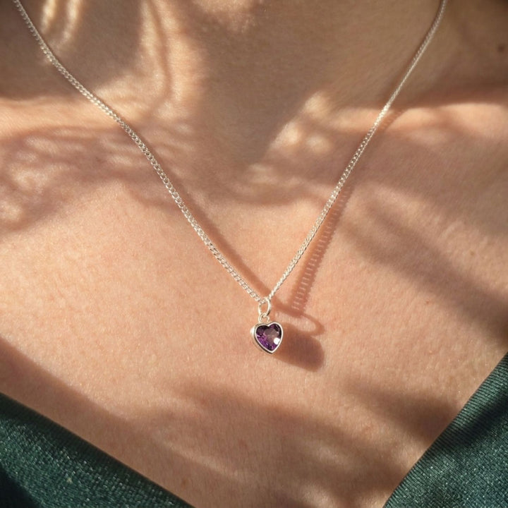 Mini Heart Silver Amethyst February Birthstone Necklace