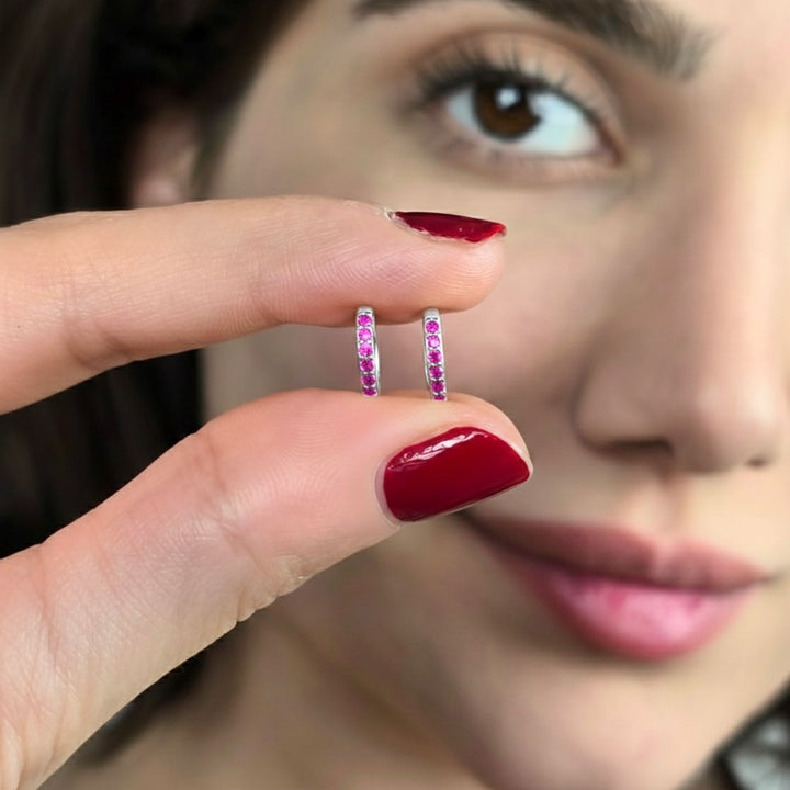 Ruby July Birthstone Small Huggie Hoop Silver Earrings