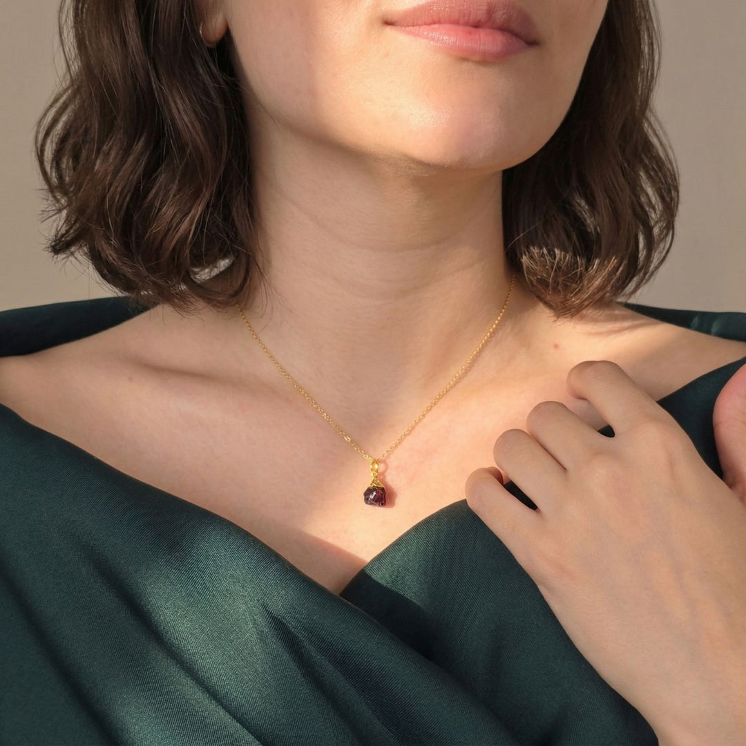 Raw Garnet Gold Plated January Birthstone Crystal Necklace