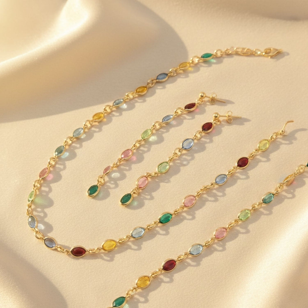Dangle Multi Gemstone Crystal Drop Gold Plated Earrings