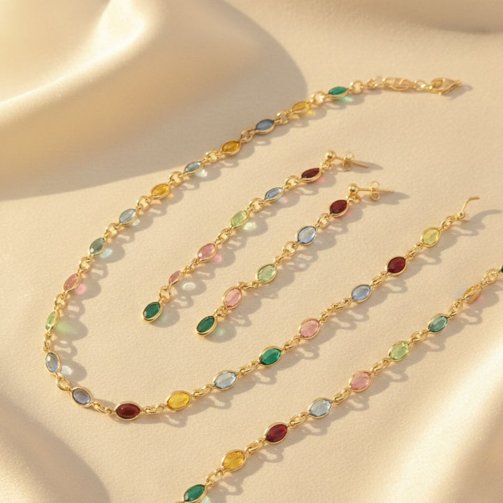 Dangle Multi Gemstone Crystal Drop Gold Plated Earrings