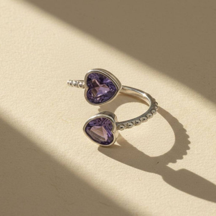 Double Heart Amethyst Heart February Birthstone Adjustable Silver Ring
