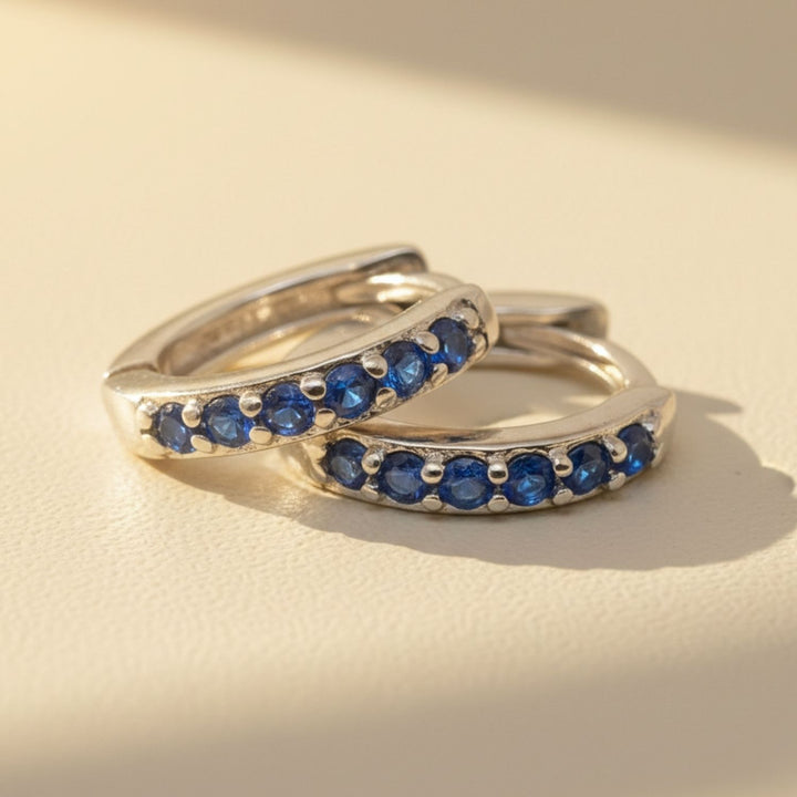 Sapphire September Birthstone Huggie Hoop Sterling Silver Earrings