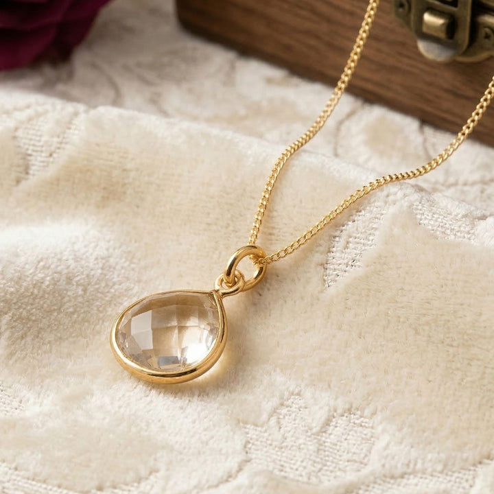 White Topaz Charm April Birthstone Gold Plated Necklace
