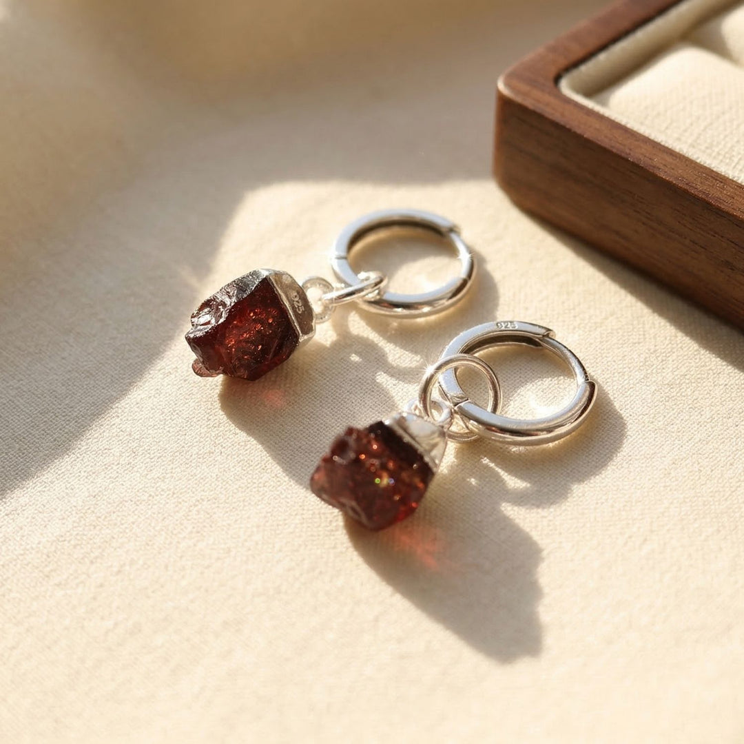Raw Garnet January Birthstone Sterling Silver Huggies